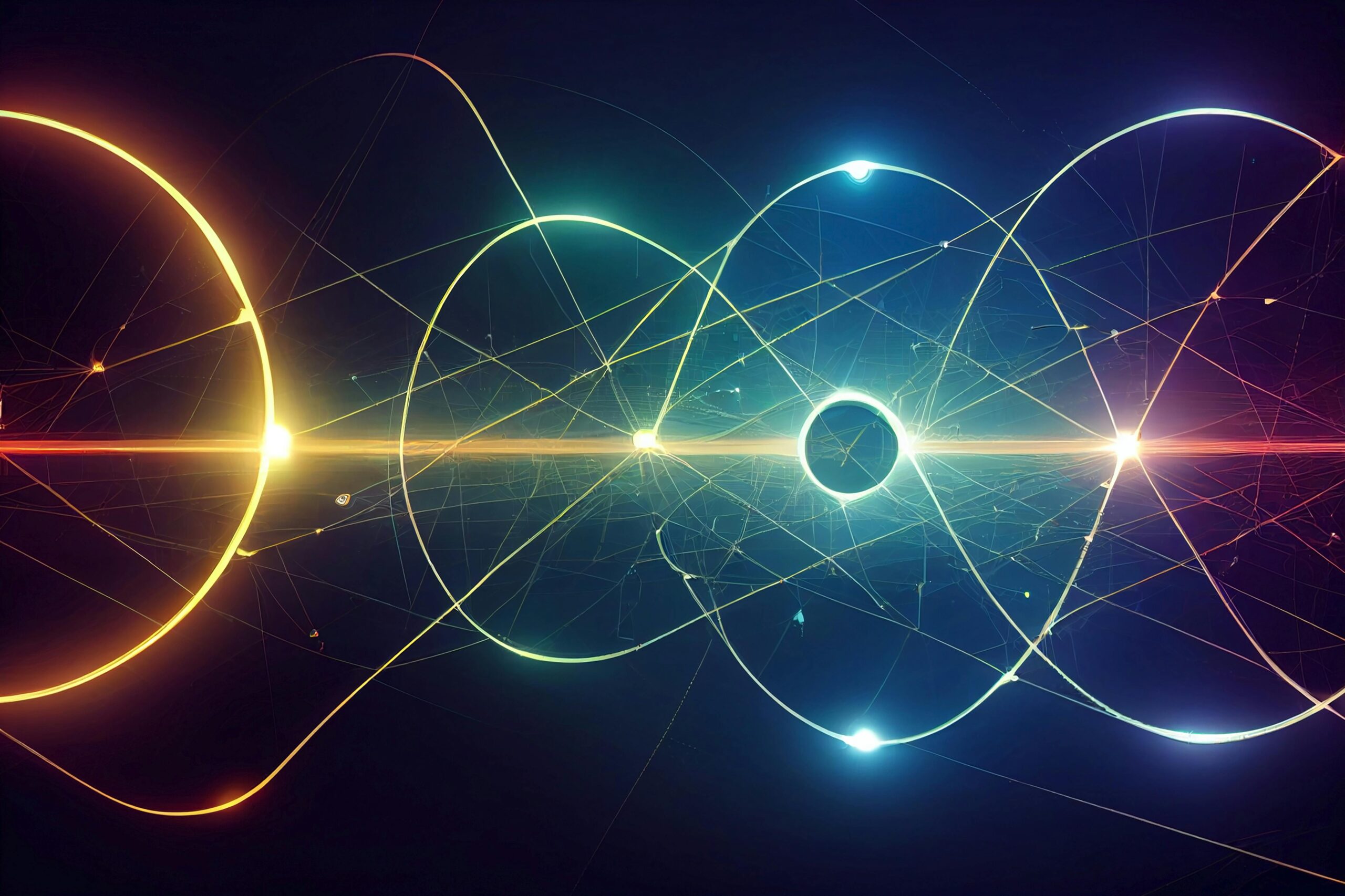 Vibrant and dynamic abstract light trails with circular patterns on a dark backdrop.